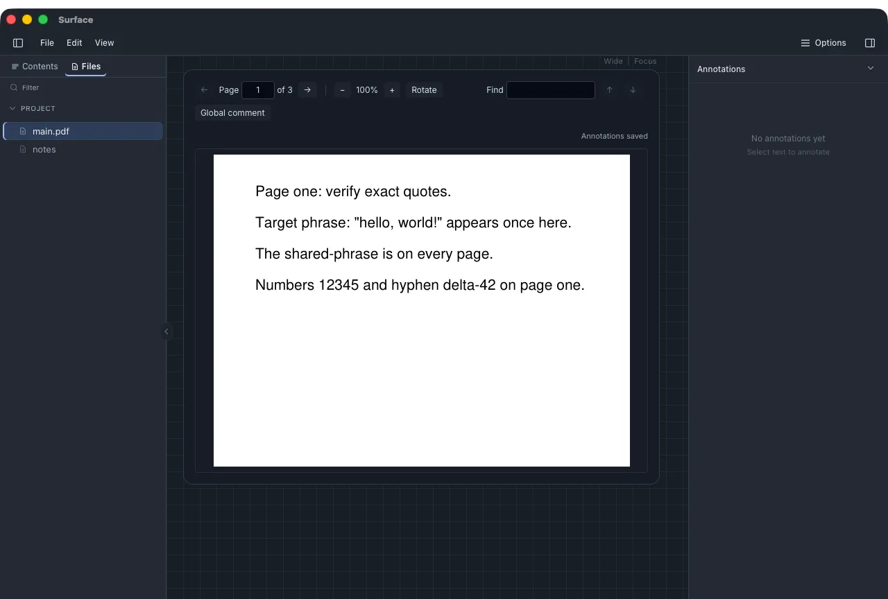 Surface showing a PDF review workspace with page, zoom, rotate, and search controls