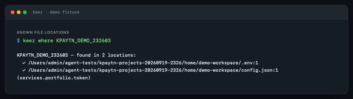 Keez terminal output confirming two demo credential locations including a JSON path