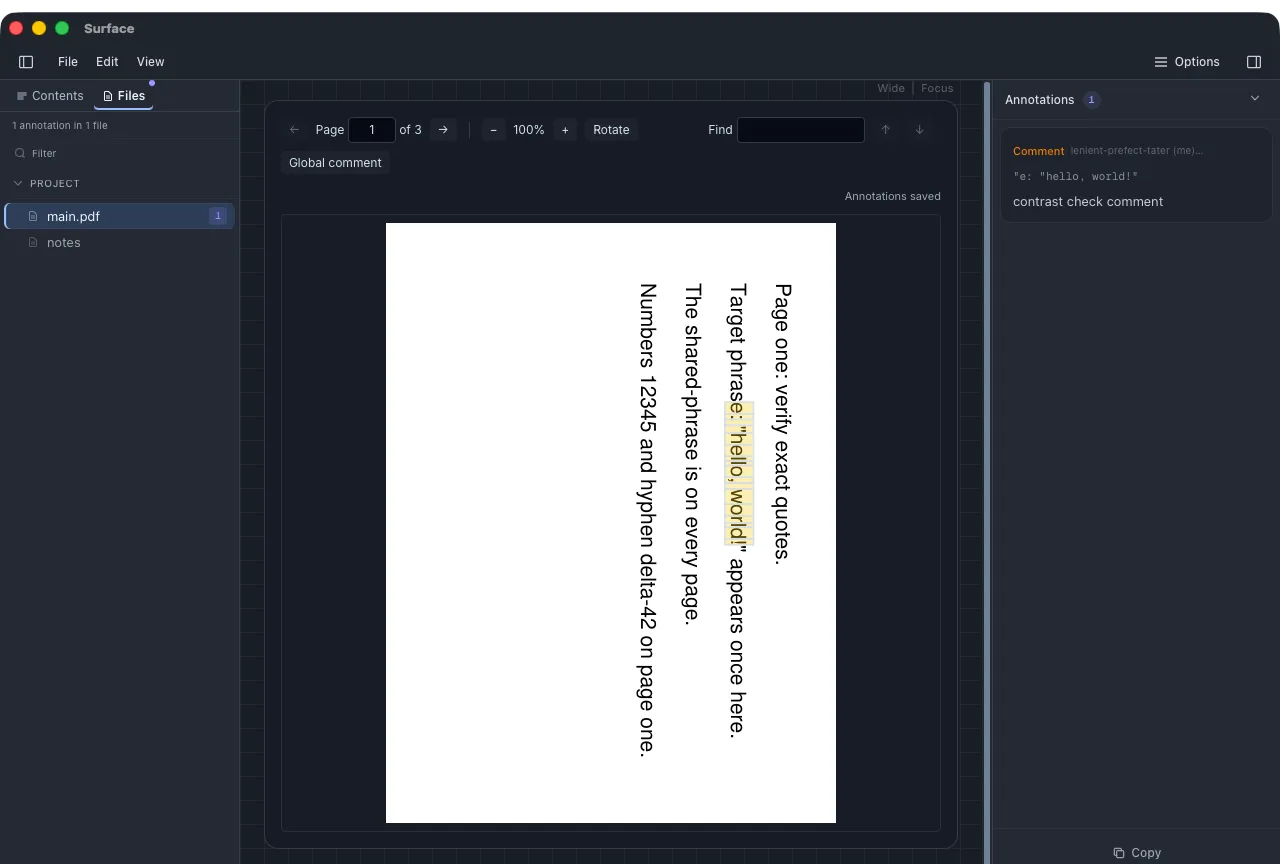 Surface showing a rotated PDF page with a retained text highlight and comment